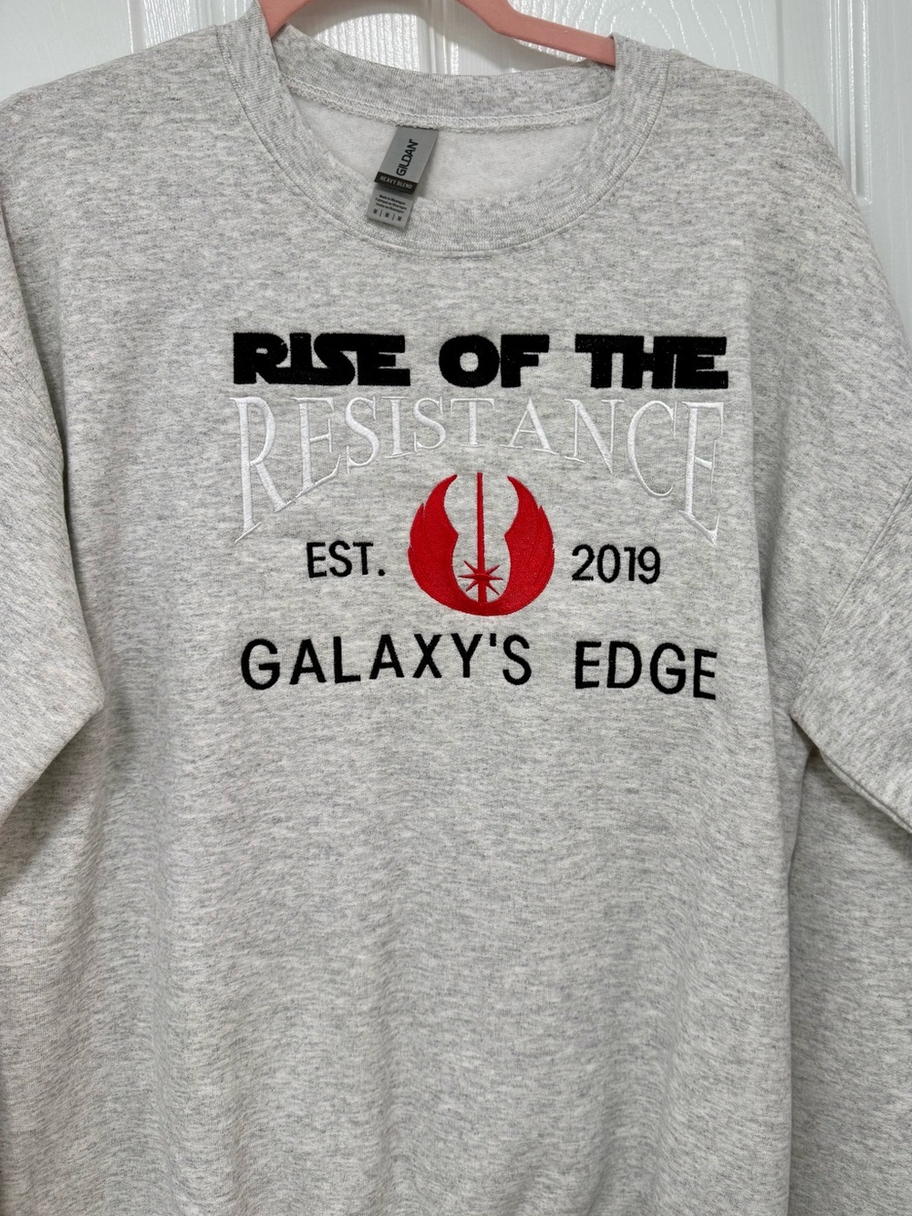 Gildan Gray Sweatshirt with Red Galaxy's Edge Resistance Emblem